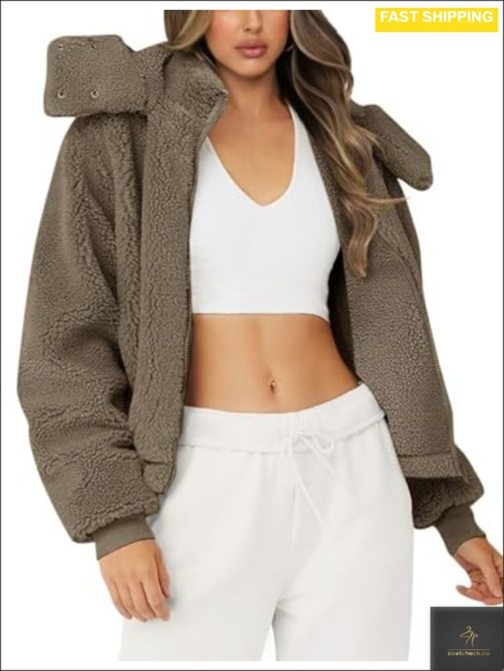 Faux Fur Sherpa Fleece Hooded Coat Full Zip Warm Winter Jacket